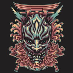 Fototapeta premium oni mask with japanese ornament illustration