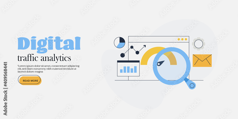 Wall mural digital marketing and web traffic analytics - line art vector illustration concept, web banner.