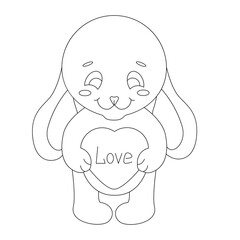 Cute character bunny with a heart in his paws and the inscription love. Can be used as a sticker. Black and white vector linear image. Ideal for love cards and for the holidays for loved ones.