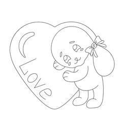 Cute character rabbit with a heart and a bow on the ear. Can be used as a sticker. Black and white vector linear image. Ideal for love cards and holidays for loved ones. 
