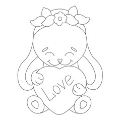 Cute character rabbit with a heart in his paws. There is a wreath on the head. Can be used as a sticker. Black and white vector linear image. Ideal for love cards and holidays for loved ones. 
