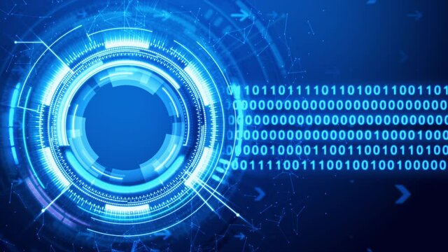 Circle HUD head-up display interface with binary number 0 1 for technology cyber and futuristic concept on the dark background, with dark and grain concept