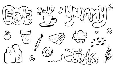 hand drawn doodle food set with lettering text eat,drink and yummy.
