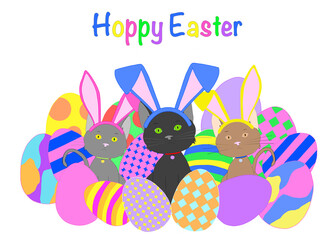 Illustration hand drawn cartoon of three adorable kittens wearing easter bunny ears surrounded by large colorfully decorated Easter eggs on white background. Hoppy Easter text.