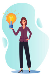 A new idea.A businesswoman holds a light bulb in her hands.The concept of finding new ideas.Development of new projects.Flat vector illustration.