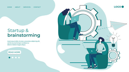 Startup and brainstorming.Team solution of business problems.Light bulb as a symbol of launching new ideas and projects.Ideas for implementing new tasks.Flat vector illustration.
