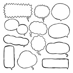 Hand drawn line art speech bubble set. All elements are grouped separately. Editable for changing colors. Vector EPS. 