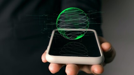 Human hand holding mobile phone with earth globe holographic technology . Futuristic visualization for virtual reality and augmented reality .