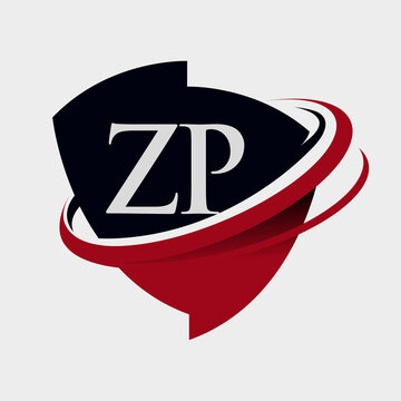 initial letter ZP logotype company name colored red and black swoosh and emblem design. isolated on white background.