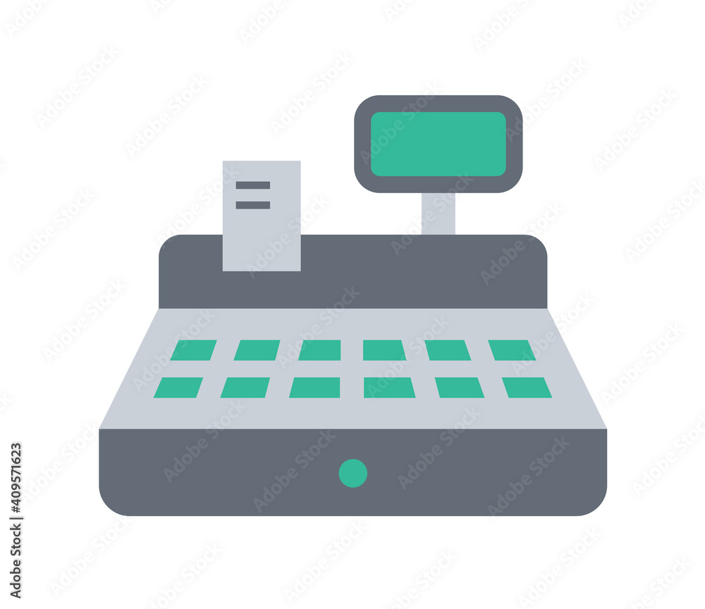Poster cash register color flat illustration isolated on white background. cash register with check vector 