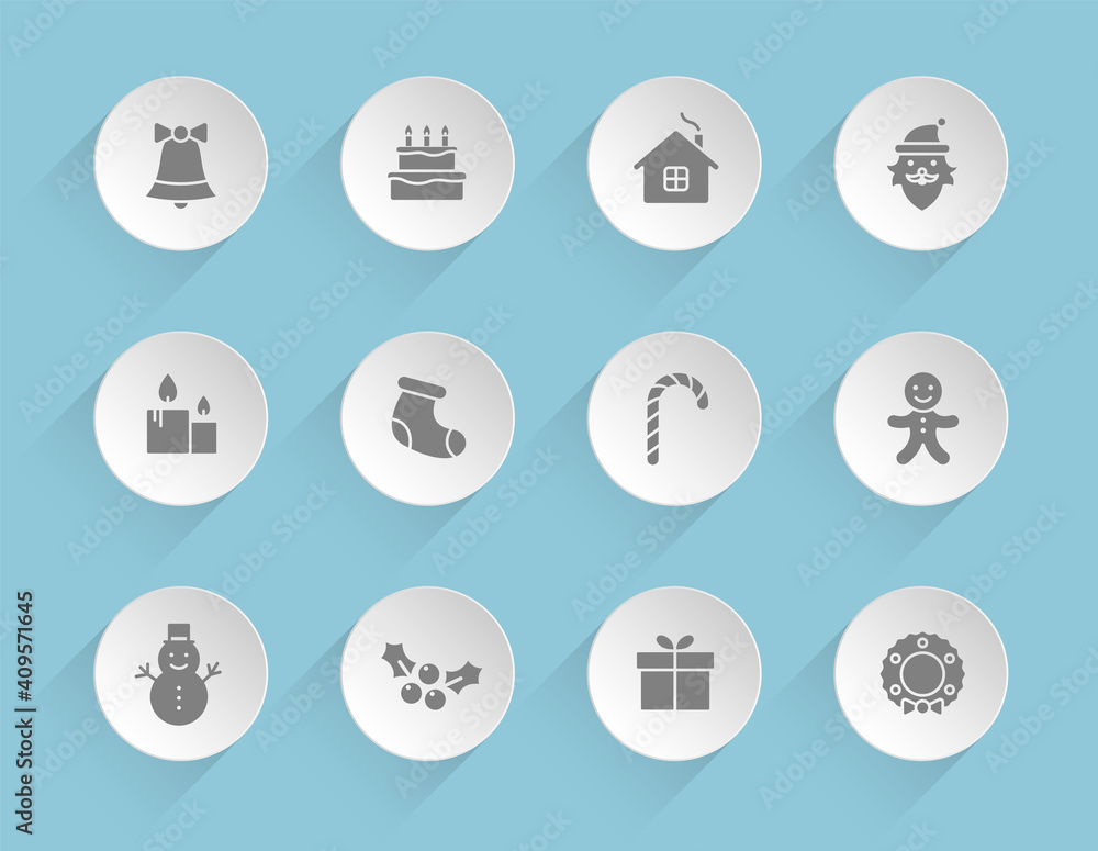 Poster christmas vector icons on round puffy paper circles with transparent shadows on blue background. sto