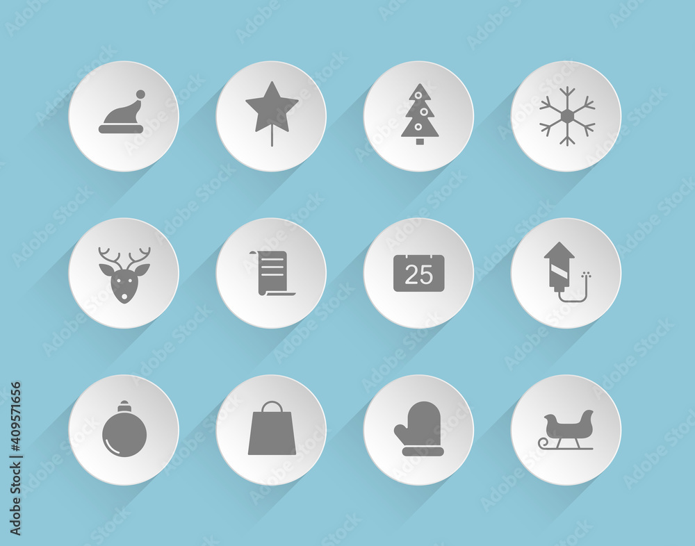 Poster christmas vector icons on round puffy paper circles with transparent shadows on blue background. sto