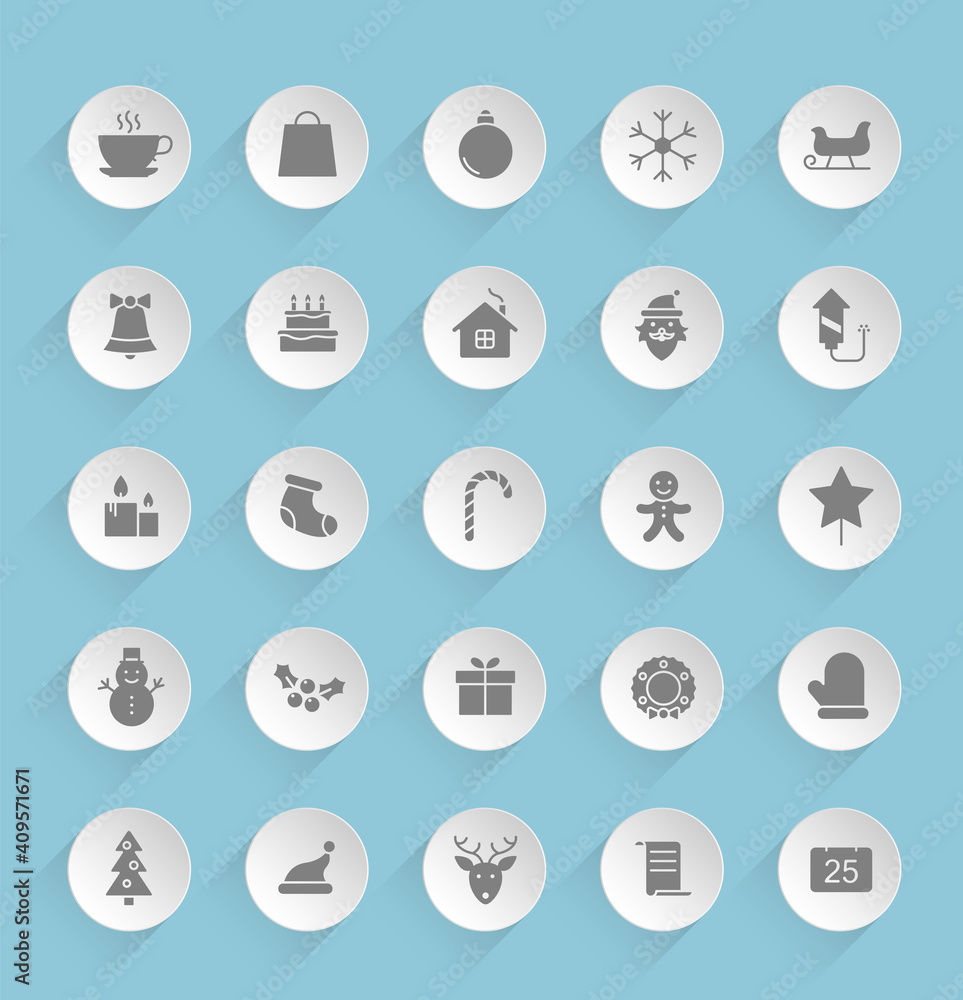 Poster christmas vector icons on round puffy paper circles with transparent shadows on blue background. sto