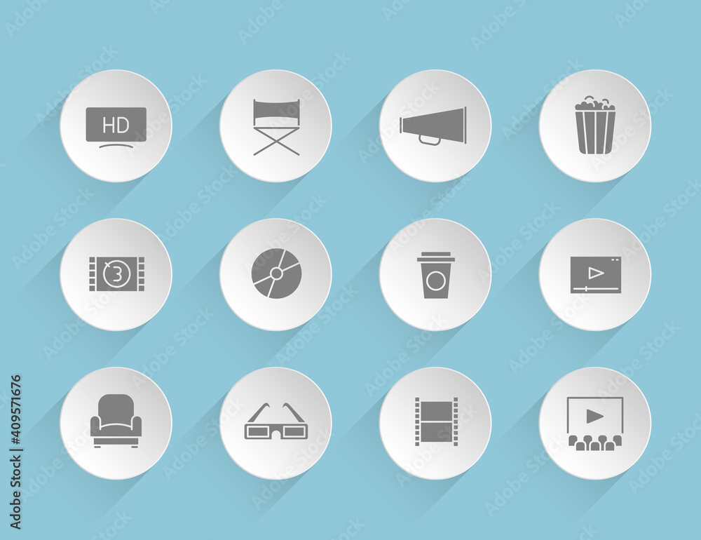 Poster cinema vector icons on round puffy paper circles with transparent shadows on blue background. stock 