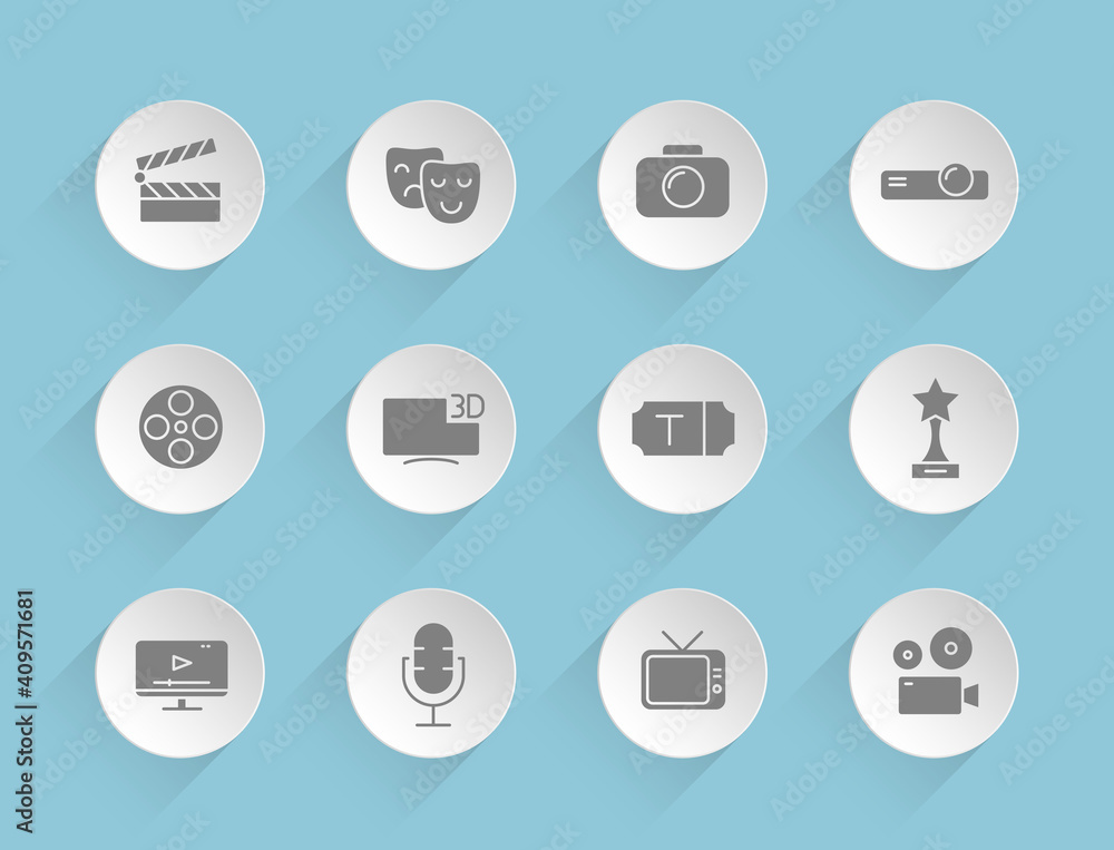 Poster cinema vector icons on round puffy paper circles with transparent shadows on blue background. stock 