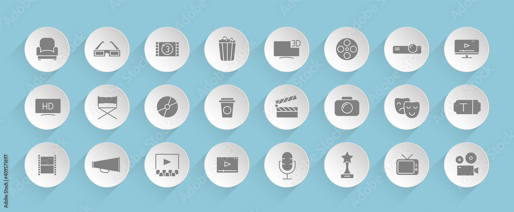 Poster cinema vector icons on round puffy paper circles with transparent shadows on blue background. stock 