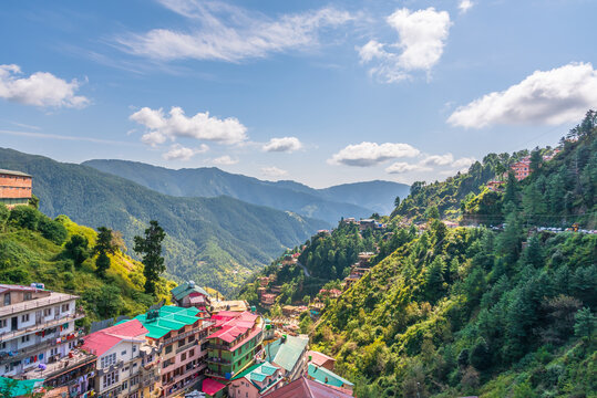 Beautiful panoramic cityscape of Sanjauli suburb of Shimla city, Shimla is the state capital of Himachal Pradesh located amidst Himalayas of India.