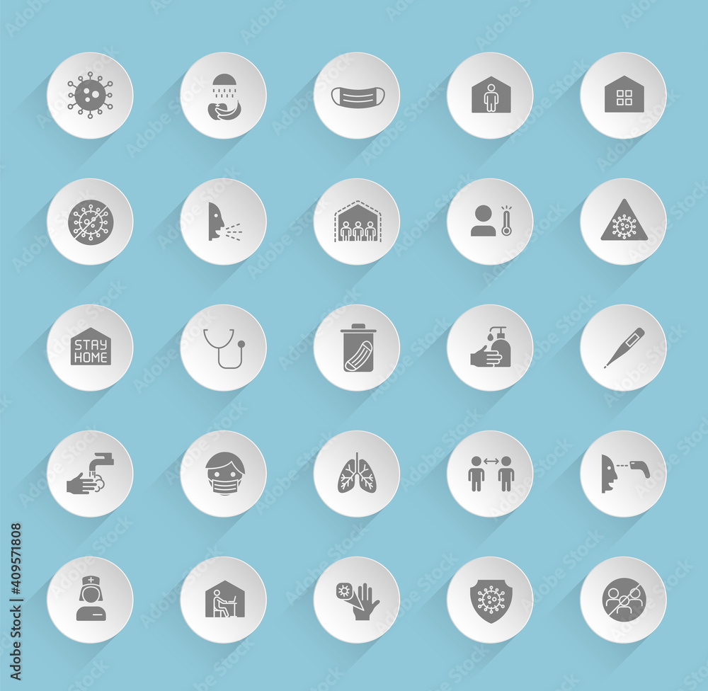 Poster coronavirus vector icons on round puffy paper circles with transparent shadows on blue background. s