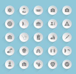 coronavirus vector icons on round puffy paper circles with transparent shadows on blue background. Stock vector icons for web, mobile and user interface design