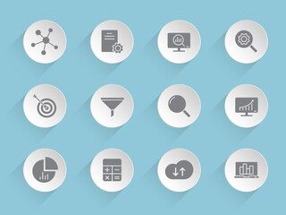 data analytics vector icons on round puffy paper circles with transparent shadows on blue background. Stock vector icons for web, mobile and user interface design