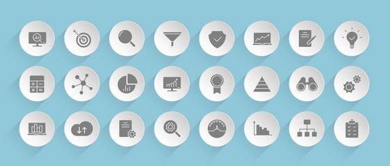 data analytics vector icons on round puffy paper circles with transparent shadows on blue background. Stock vector icons for web, mobile and user interface design