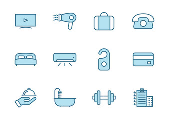 hotel flat vector icons in two colors isolated on white background. hotel blue icon set for web design, ui, mobile apps and print