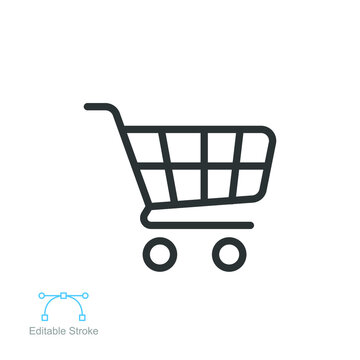 Shopping cart line icon. Trolley or shopping bag in grocery market, supermarket. Add purchase item Logo in online shopping symbol. Editable stroke vector illustration design on white background. EPS10