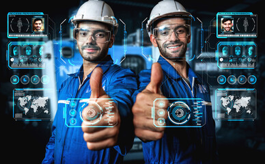 Facial recognition technology for industry worker to access machine control . Future concept interface showing digital biometric security system that analyze human face to verify personal data .