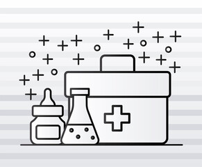 medical kit with tube test and medicine bottle line style icons