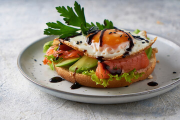 Tasty homemade sandwich with salmon , fried egg ,herbs and avocado