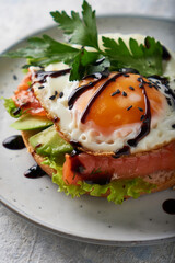 Tasty homemade sandwich with salmon , fried egg ,herbs and avocado