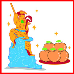 
Vector illustration, chinese new year, chinese god, heng Chia, Peach,on a golden background