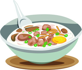 Rice congee with pork and eggs, Traditional Thai food collection, Vector IllustrationPut on a plate, white background