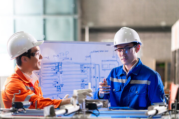 Male Asian engineer professional  having a discussion standing by the machine in the factory ,two asian coworker brainstorm explaining and solves the process curcuit mother board of the machine