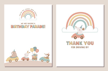 Drive-by birthday party invitation and coordinated thank you card. Drive through birthday parade invitation with cute woodland animals and rainbow.