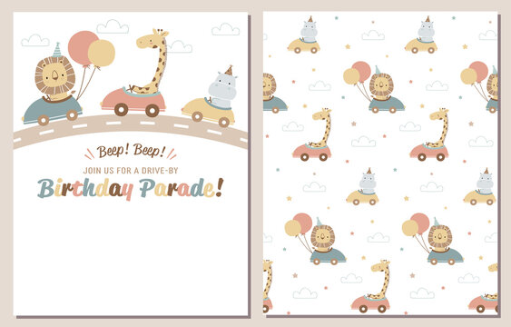 Drive-by birthday party invitation and coordinated pattern. Drive through birthday parade invitation with cute safari animals.