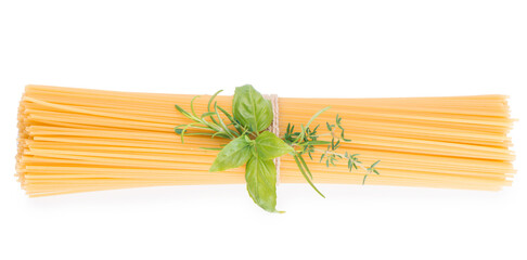 Spaghetti and basil isolated on white background