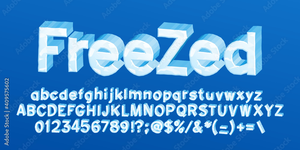 Poster freezed alphabet font. 3d cartoon ice letters, numbers and symbols. uppercase and lowercase. stock v