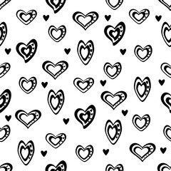 Seamless vector unidirectional pattern. Stylized black and white hearts mixed with black hearts, On a transparent background.