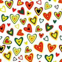 Seamless vector background. Many multi-colored, bright and colorful hearts on a transparent background