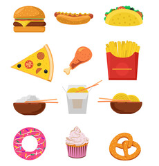 Fast street food lunch or breakfast meal set. Fast food icons. Cheeseburger, french fries, fried crispy chicken leg, glazed donut, soft soda, coffee cup, hot dog, pizza. Vector illustration