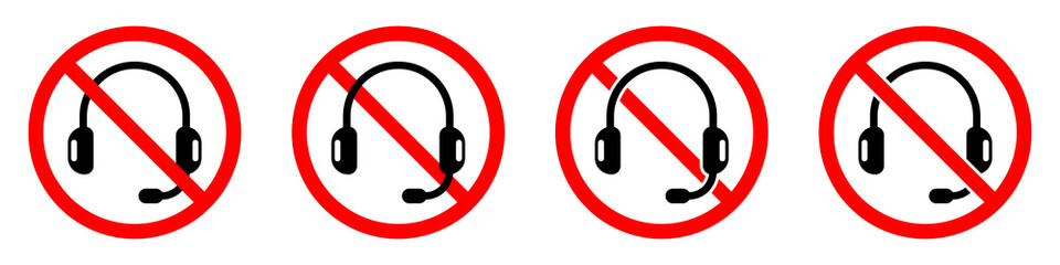 Headphones are forbidden. Stop headphones icon set. No headphones sign