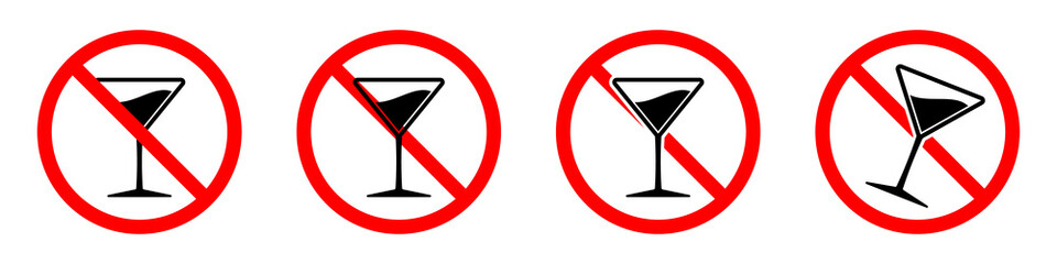 Alcohol is forbidden. Martini glass with ban icon. Stop alcohol icons set.