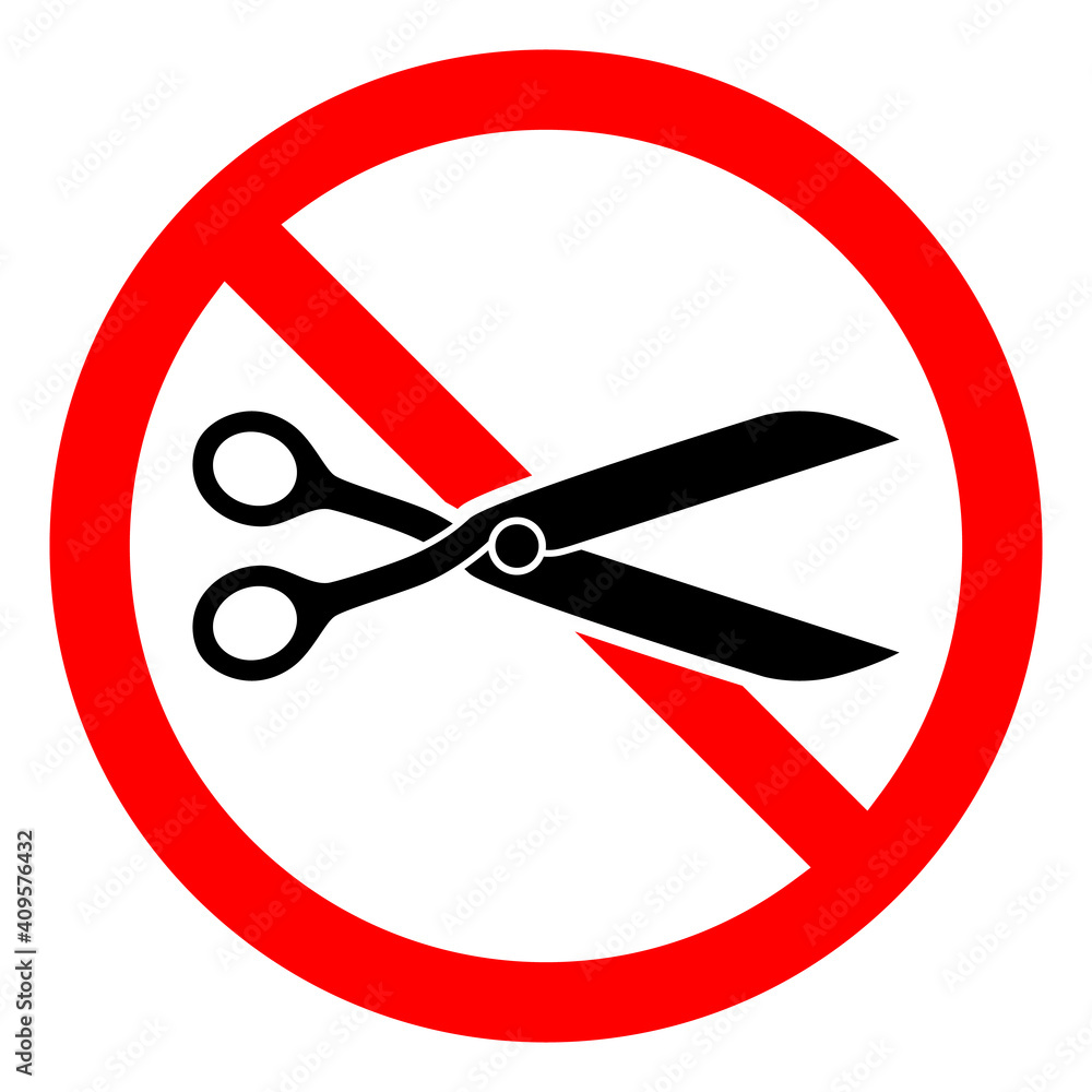Poster stop or ban red round sign with scissors icon. scissors is prohibited