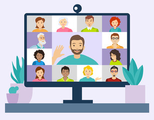 People connecting together, learning or meeting online with teleconference, video conference remote working on computer, work from home and work from anywhere concept. Online communication. Vector