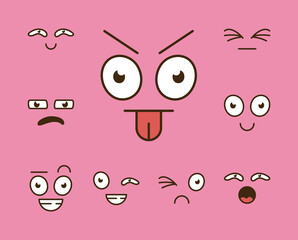 bundle of nine cartoon faces emoticons in pink background