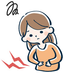 腹痛で悩む女性　トイレ前　イラスト