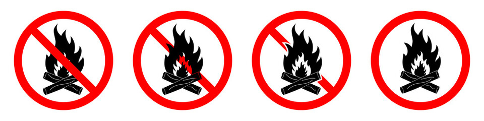 Make a fire is prohibited. No fire icons set. Red ban of flame signs. Vector illustration.