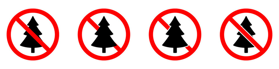 Stop or ban red round sign with christmas tree icon. Christmas tree is prohibited
