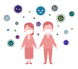 ウイルスに囲まれたマスクをしたシニアの男女